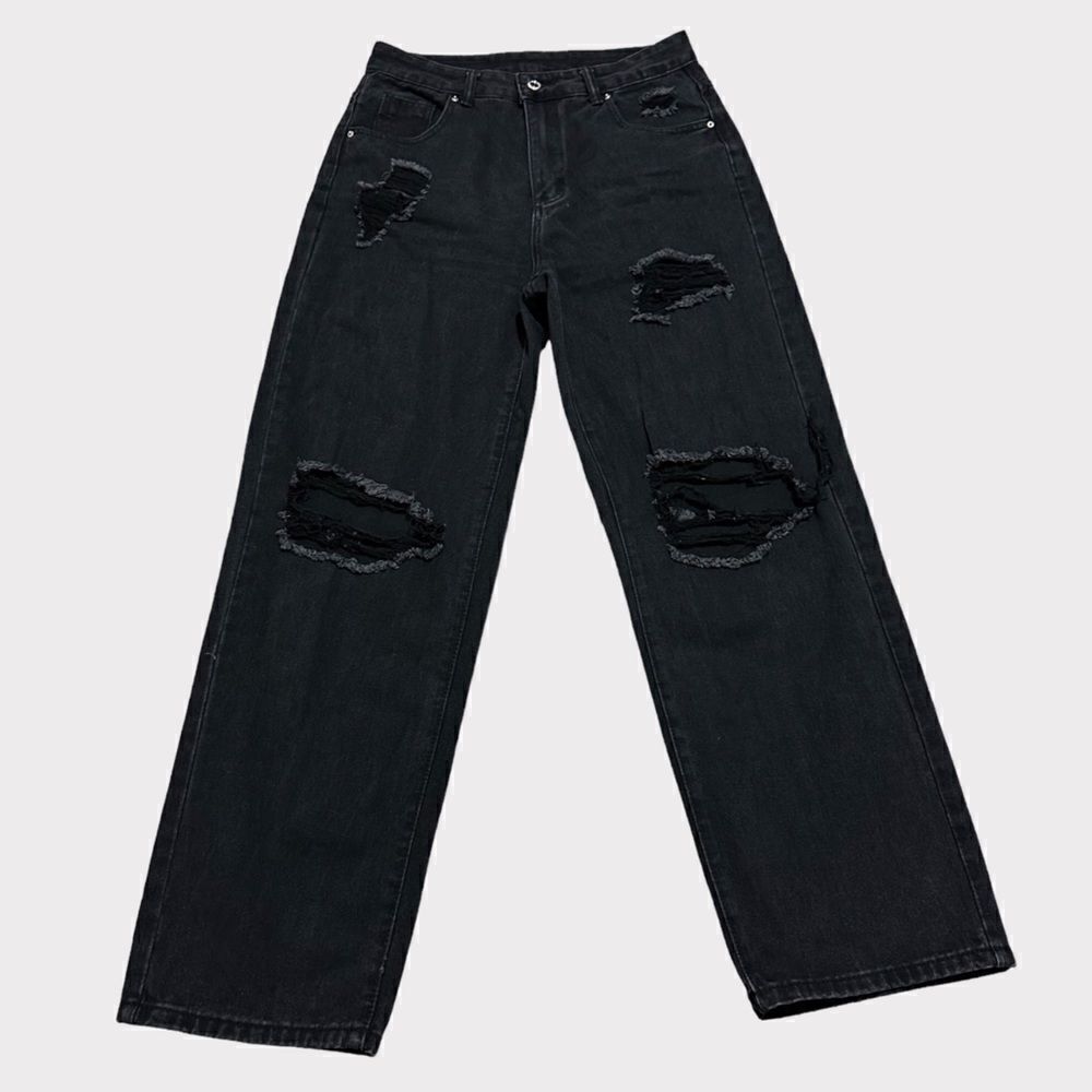 Zara Wide Leg Black Holes Hi Waisted Casual Punk Relaxed Oversized Denim Jeans